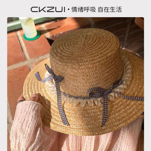 Summer Outdoor Womens Straw Hat Flat Top Butterfly Knot Beach Sandals Holiday Photography Face Sun Protection Hat Youth Style