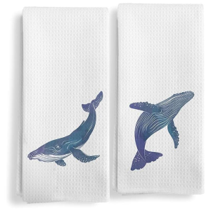 2-Pack White with Blue Humpback Whale Print Kitchen Towels Dish Towels Hand Towels Kitchen Decorative Towels Neighbor Gifts Sweet Housewarming Gifts for Friends Mom Gifts Friend Birthday Gifts Summer Ocean Theme