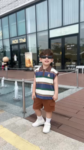 Set bộ polo kẻ ngang tanktop thêu gấu cho bé trai kèm quần short jean 9 kg đến 28kg BERNIE H0125B35