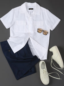 เสื้อเชิ้ตผู้ชายคอโปโลแขนสั้นทรงหลวมสไตล์ย้อนยุคสไตล์ฮ่องกง ผ้าลินินฤดูร้อน ทรงหลวมสบาย ๆ สำหรับเยาวชน