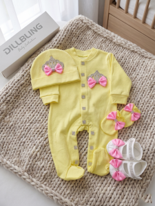 Adorable Newborn Baby Girl Princess Yellow Crown Bow Footed Romper 3Pcs Set Baby Shower Birthday Photo Outfit Gift Box