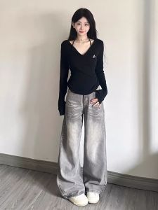 Retro American Black Long Sleeve T-Shirt Womens Autumn Winter Short Waist-Cut Uneven Pure Desire V-Neck Base Shirt