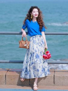 XIAOQIAOJIA | Summer Dopaamine Beach Vacation Style Beautiful Two Piece Set Cute A-Line Skirt Short Sleeve Round Neck Pure Color Commute Korean Style