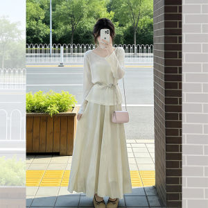 XIAMENGSHI | Bộ Đồ Elegent Dài Tay Áo Blouse Váy Midi Độc Đáo