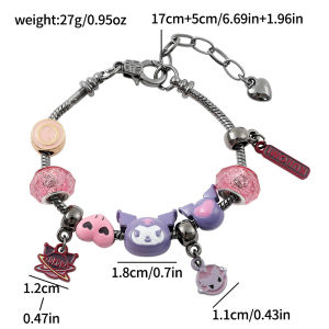 Sanrio | Cute Kuromi Charm DIY Beads Bracelet Zinc Alloy with Pink Glitter Beads & Enamel Charms Adjustable Chain for Fans