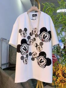 plus Size Casual Cartoon Slimming Loose Mid-Length T-Shirt for Women Autumn New Fashion Trendy Brand Pure Cotton Short Sleeve round Neck