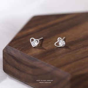 S999 Sterling Silver Heart Shaped Zircon Earrings Womens Simple Sweet Personality Cute INS Style Small Audience Ear Jewelry