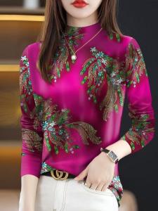 Fashionable High-Neck Long-Sleeve Base Shirt for Women Spring Autumn Style Casual Fit Premium Fabric Printed T-Shirt