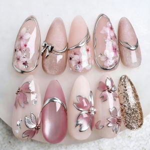 24pcs/set Medium fake nails for women girls gradient pink blue flowers heart glossy glass cat eyes full cover press on nails