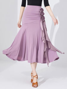 Latin Dance Skirt Half-length Flared Skirt Modern Social Dance Waltz Performance Skirt Standard Ballroom Dance Skirt with 3D Sash