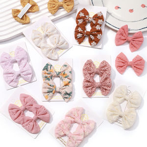 2 ชิ้น/เซ็ต Bows Hairclip สําหรับสาวเย็บปักถักร้อยพิมพ์ Hairpin สีทึบ Bowknot คลิป Handmade Barrettes เด็กอุปกรณ์เสริมผม