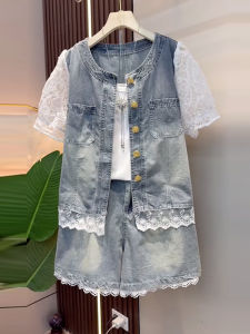 plus Size Womens round Neck Lace Insert Open Cardigan Mini Skirt Shorts Trendy Commute Cotton Polyester Two-Piece Set