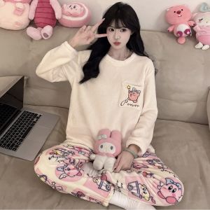 Thick Coral Fleece Long Sleeve Sleepwear Set for Women Winter Home Clothes Cartoon Cute Plush Flannel Large Size Pajamas