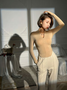 XULU Original Autumn Solid Color High-Definition Elastic Knitted Top V-Neck Long Sleeve Straight Shoulder Base Shirt