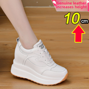 Elevated Heel Womens Shoes Spring Autumn New Style Small Size Thick Bottom Shoes Apparent Height Increase 10 Cm Genuine Leather White Shoes