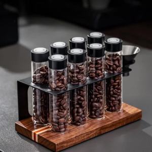 JUSTINLAU | JUSTINLAU Glass Coffee Bean Storage Jars Airtight 1-Way Valve Wooden Display Rack with Funnel Wooden Kitchen Organizer