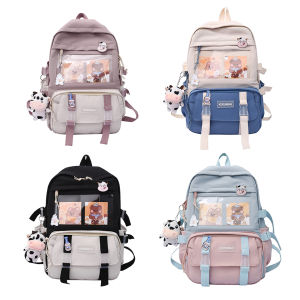 Womens Canvas Backpack with Hit Color Blocks and Pendant for School and Weekend Travel