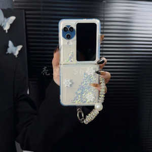 Oppo Find N3 Flip Female Version Mobile Phone Case with Bracelet Anti-Fall Full Cover Foldable Screen Snowflake Design Protection Shell