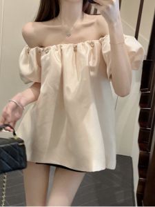 GUZILIAN | French Casual One Shoulder Bubble Sleeve Short Shirt Women Lazy Style Sweet Summer Loose Slimming Pure Desire Top