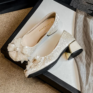 รองเท้าคัชชูติดโบว์ส้นหนาหัวกลมรองเท้าสไตล์สาวสังคมดูดีรองเท้าเพื่อนเจ้าสาวผู้หญิงรองเท้าแต่งงานรองเท้ายกเหล้ารองเท้าผู้หญิงไซส์ใหญ่สไตล์เกาหลี