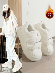 รองเท้าบูทหิมะผ้าฝ้ายหนาสำหรับผู้หญิงในฤดูหนาว พื้นยาง ทรงหัวมน หัวเข็มขัด ทรงส้นกลาง สวมใส่สบาย ป้องกันความชื้น