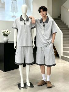 OUMULONG | Bộ Áo Polo và Quần Short Mùa Hè Màu Xám Nam