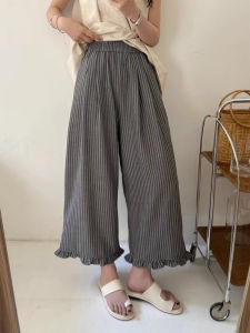 กางเกงขายาวผ้าฝ้ายลินินทรงหลวมเอวยางยืดสำหรับผู้หญิง ทรงหลวม ทรงสลิม เอฟเฟกต์กระชับสัดส่วน ขอบลูกไม้ ความยาว 9 ฟุต ฤดูร้อน