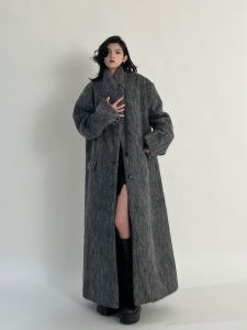เรียบหรู ขี้เกียจสไตล์กว้างเกาหลีฝรั่งเศส High-End Hepburn สีเทาขยาย ขนสัตว์ เสื้อโค้ท หญิง ฤดูหนาว สตรีทแวร์ กระดุมแถวเดียว ยาว เสื้อโค้ท