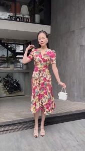 Đầm xòe hoa cổ và tùng váy đắp chéo tay phồng Misa - MS0333 (Hình thật shop chụp)