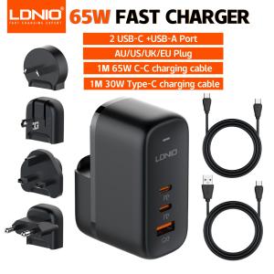 LDNIO GaN 65W USB C Charger Travel Charger PD QC Wall Charger 3 Port International Plug Adapter EU UK US AU Travel Plug Adapter