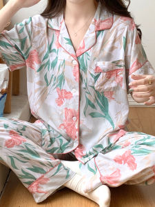ชุดนอนผ้าไหมคอตตอนแขนสั้น กางเกงขายาว คาร์ดิแกน แขนกุด พิมพ์ลายหวาน ชุดอยู่บ้านบาง ช่วงฤดูร้อน ชุดนอนผู้หญิง