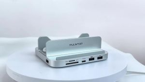 PULWTOP 9 in 1 Aluminum Vertical USB-C Hub for Mac Mini M6 M5 Pro M4/M4 Pro Hub Stand 2xUSB-A 2.0 3.5mm Audio SD/TF