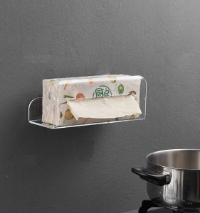 Black Acrylic Wall-Mounted Kitchen Tissue Holder No-Punching Hand-Wiping Paper Box Transparent Tissue Draw Box Tissue Rack
