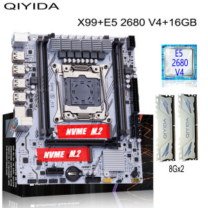 QIYIDA X99 Gaming Motherboard Kit with Xeon E5 2680 V4 DDR4 16GB=8Gx2 RAM M.2 NVME SATA USB for Desktop PC