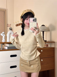 French Lace Trim Half High Collar Short T-Shirt Womens Premium Feel Vertical Rib Stripe Long Sleeve Slimming Waist Short Knitwear