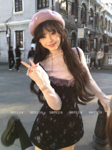 Syj Sweet Lace Splice Floral Print Halter Dress And Top Set for plus Size Women Korean Style High Waist A-Line Skirt Autumn Winter Outfit