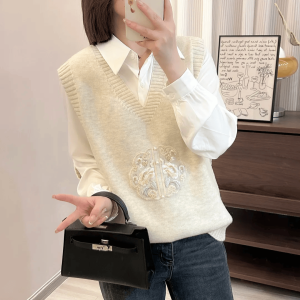 ทันสมัย ถัก แขนกุด เสื้อกั๊ก ผู้หญิง ดีไซน์ Sense Tagless ฤดูใบไม้ผลิ รูปแบบใหม่ คอวี ลายจระเข้ ลำลอง หลวม Fit