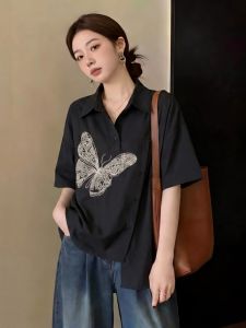 SHIMANQING | Butterfly Embroidery Notch Collar Irregular Design Shirt