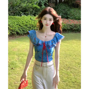 chaqi | Summer New Short Slim Fit Blue Floral Shirt with Petal Sleeves