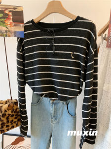 เสื้อยืดแขนยาวปักลายขวางสำหรับผู้หญิงไซส์ใหญ่ ทรงหลวมสบาย ๆ ฤดูใบไม้ร่วง ฤดูหนาว แฟชั่นลำลอง ผ้าโพลีเอสเตอร์