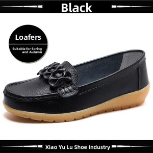 Casual Soft Bottom Large Size Leather Mom Shoes Easy to Wear Anti Slip Womens Slope Heel Fashionable Flat Footwear for Spring Autumn