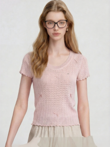 Pink Bow and Ruffled Design Slim Fit Knit Top
