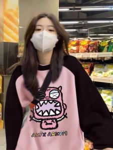 Retro American Color Block แขนไหล่คอกลม เสื้อสเว็ตเชิ้ต ผู้หญิง หลวม ดีไซน์ ฤดูใบไม้ผลิ ฤดูใบไม้ร่วง เสื้อแจ๊กเก็ตแบบบาง เสื้อแจ็คเก็ต