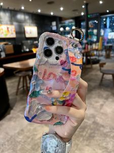 Trendy Apple Series iPhone16 Phone Case with Wristband Stand Breathable Twisted Edge Protective Cover Sweet Love Anti-Fall for 14/13/12 Models