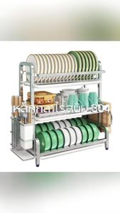 ชั้นวางจาน เหล็กกล้าไร้สนิม 304 ที่คว่ำจาน ชั้นวางจาน 2 ชั้นพร้อมที่ใส่อุปกรณ์ ที่เขียงเขียง และที่คว่ำจานสำหรั