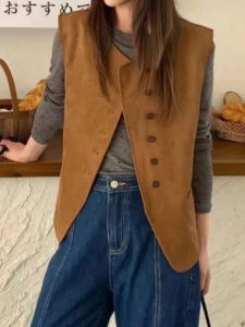 plus Size Womens Brown Suede Vest Layering Sleeveless Top Commute Style Fashionable Autumn Outerwear Females Tank Top