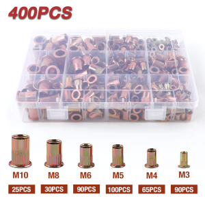 A Box Of 400 Carbon Steel Rivet Nuts M3 M4 M5 M6 M8 M10 Flat Head Rivet Nuts Threaded Insert Nuts Professional Fasteners