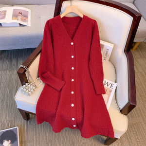 French Heavyweight Shiny Thread V-neck Red Knitted Dress Spring plus Size Slimming Base Layer Sweater A-line Skirt