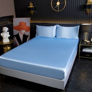 Summer Full-Cover Solid Color Ice Silk Fitted Sheet One-Piece Bedspread Mattress Cover Summer Non-Slip Bed Sheets Three-Piece Set Mattress Cover