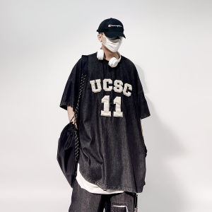 Loose Heavy Duty Oversized Embroidered Five Quarter Sleeve Denim T-Shirt
